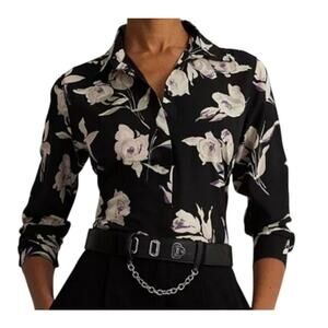 Ralph Lauren Black Label Womens Classic Fit Floral Crepe De Chine Blouse Size SP